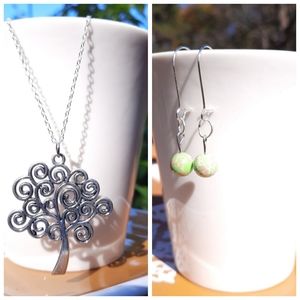 Swirly Tree Necklace & Green King Stone Earrings Bundle
